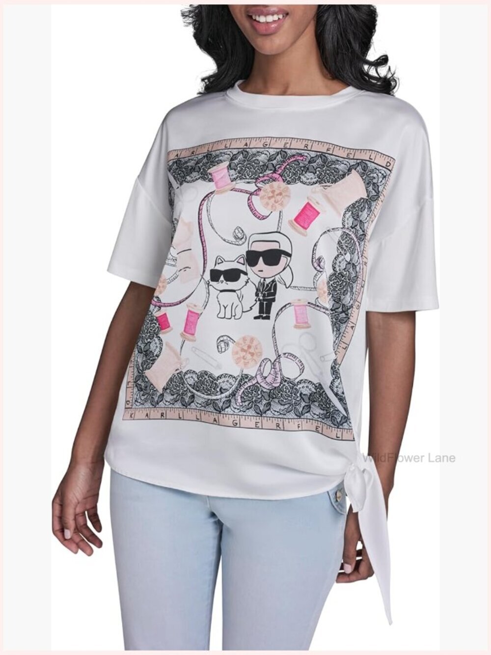 Cartoon Print Cap Sleeve Blouse with Side Tie - Cotton Modal Blend